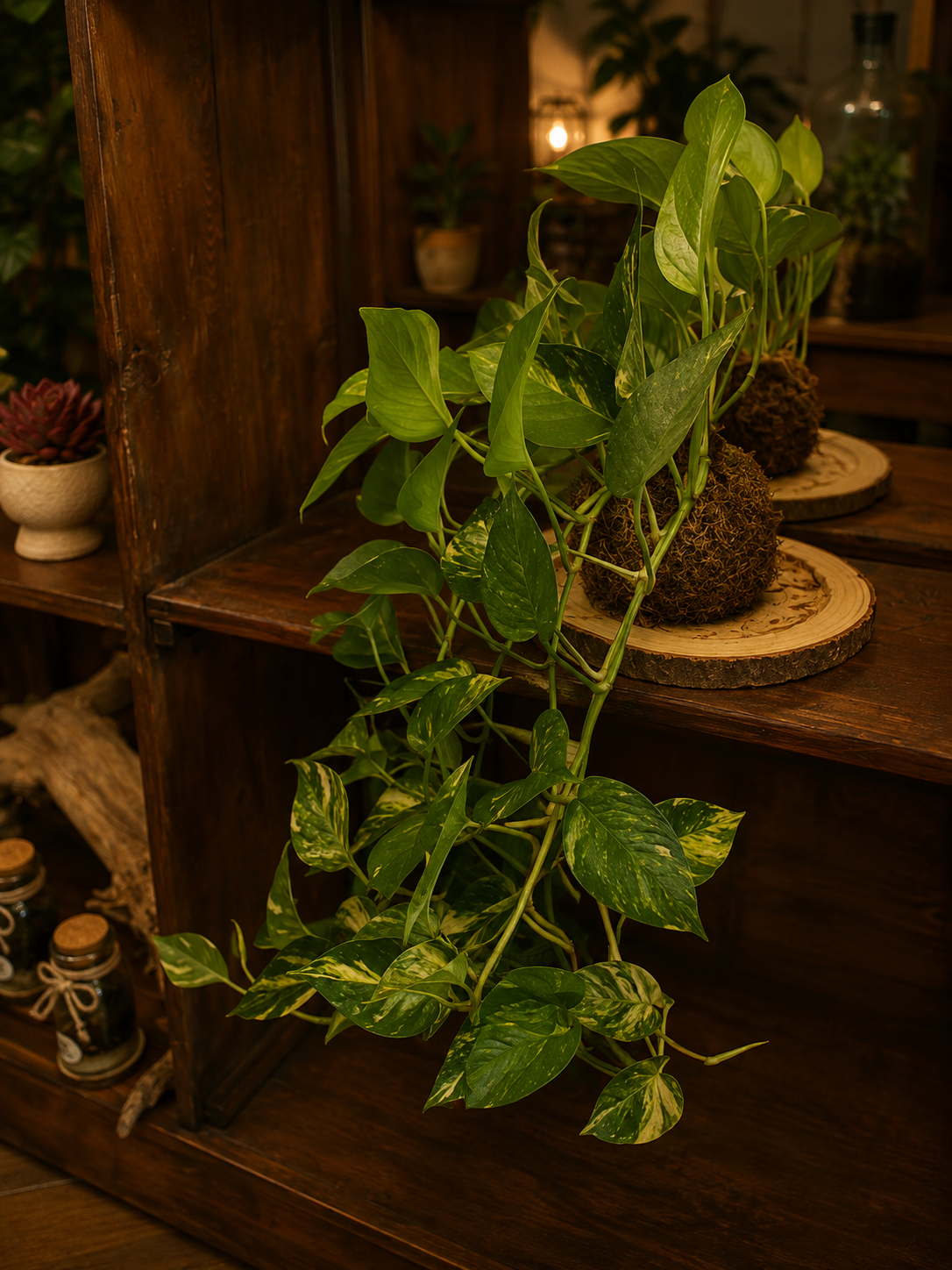 Kokedama Cascata di Pothos: kokedama con piante vere, Ricaduta 50-60 cm · Ø sfera 15 cm — arredo verde d'interni fatto a mano a Firenze