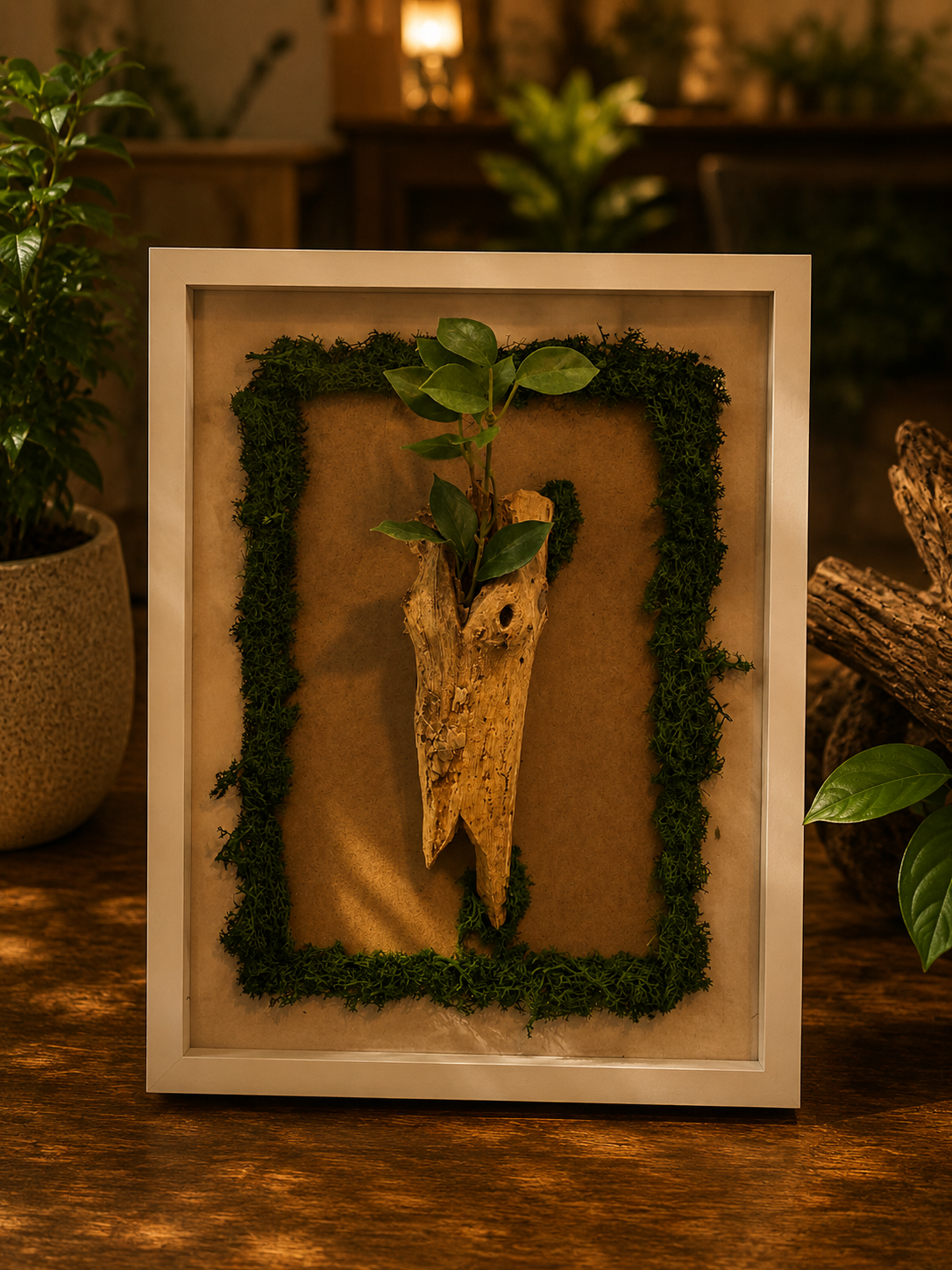 Quadro Radice Sospesa: muschi e composizioni con piante vere, 30 × 40 cm — arredo verde d'interni fatto a mano a Firenze