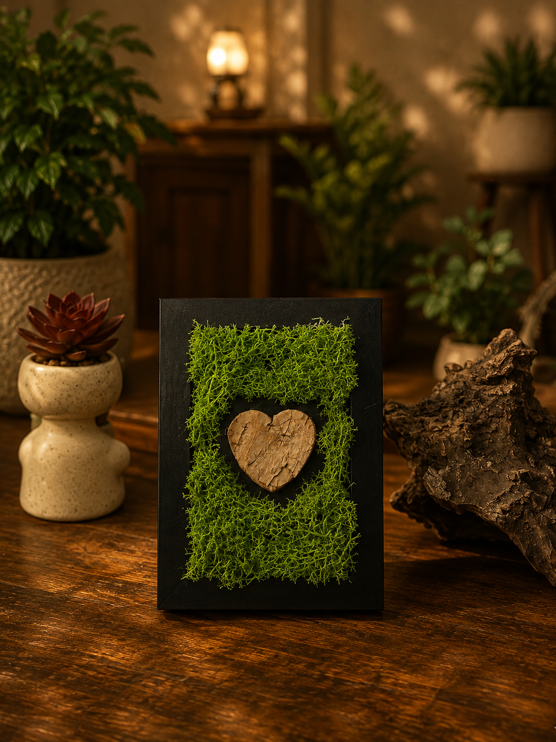 Quadro Cuore di Legno: muschi e composizioni con piante vere, 18 × 24 cm — arredo verde d'interni fatto a mano a Firenze