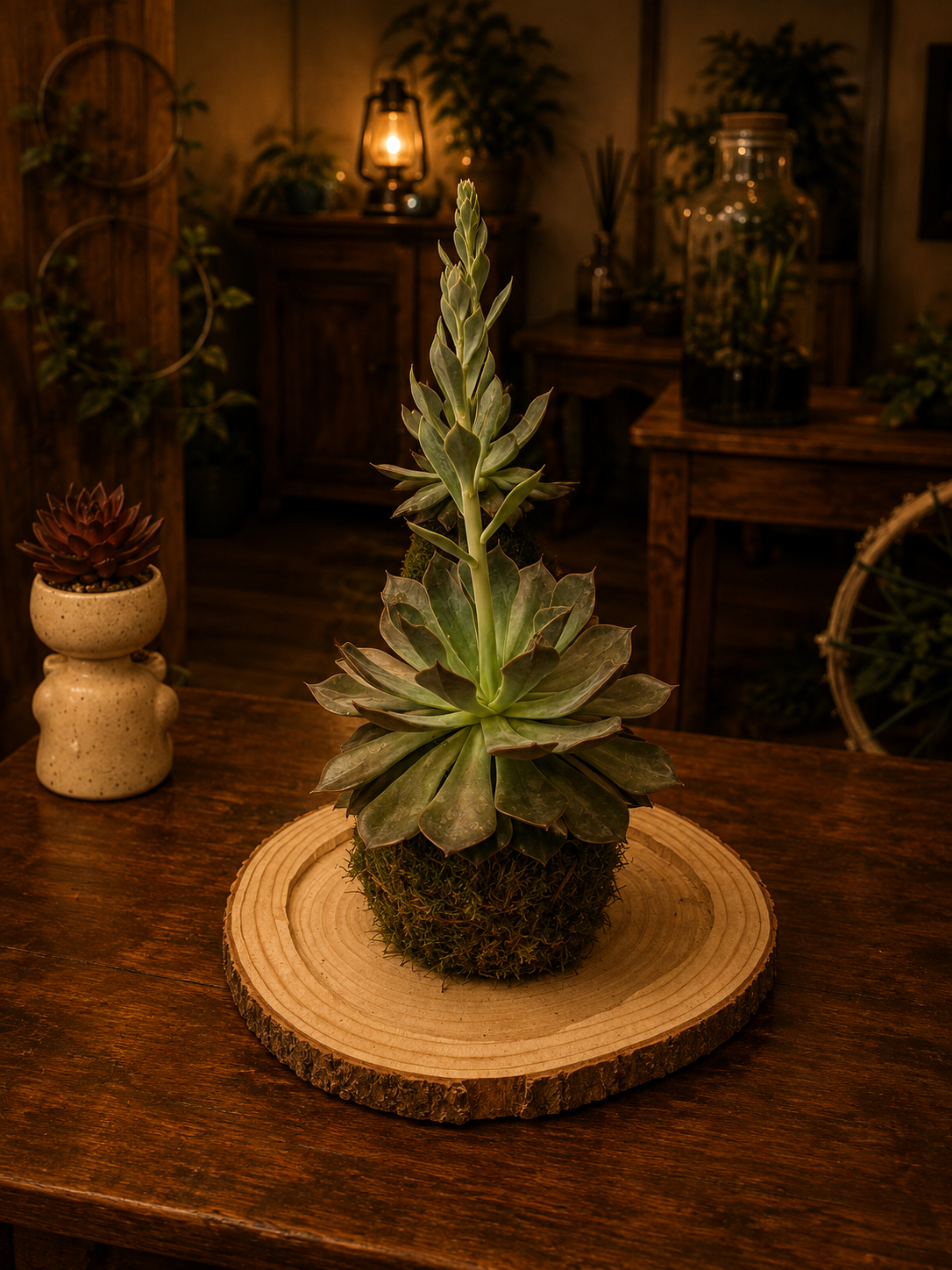 Kokedama Echeveria in Fiore: kokedama con piante vere, H 35 cm · Ø sfera 12 cm — arredo verde d'interni fatto a mano a Firenze
