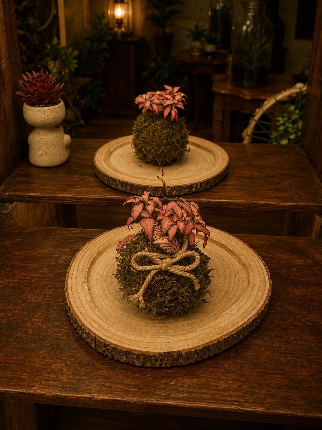 Kokedama Fittonia Rosa: kokedama con piante vere, H 20 cm · Ø sfera 12 cm — arredo verde d'interni fatto a mano a Firenze
