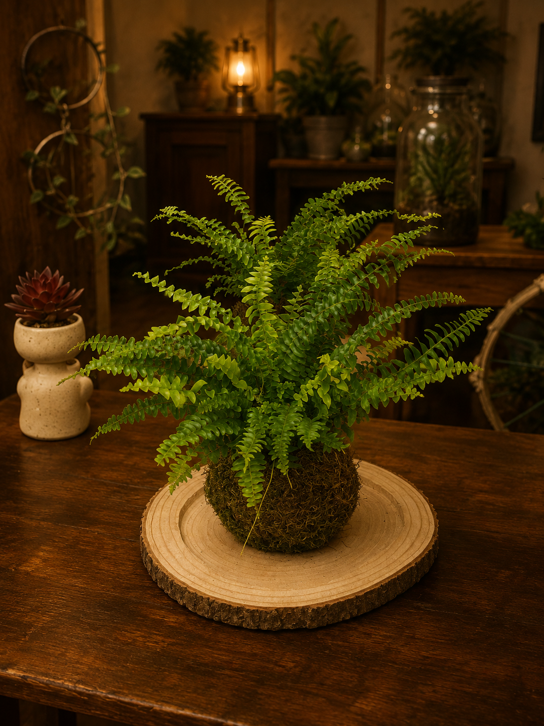 Kokedama Felce di Bosco: kokedama con piante vere, H 40 cm · Ø sfera 15 cm — arredo verde d'interni fatto a mano a Firenze