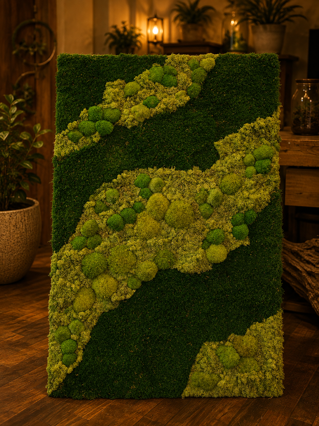 Pannello Paesaggio di Muschi: muschi e composizioni con piante vere, 140 × 70 cm — arredo verde d'interni fatto a mano a Firenze