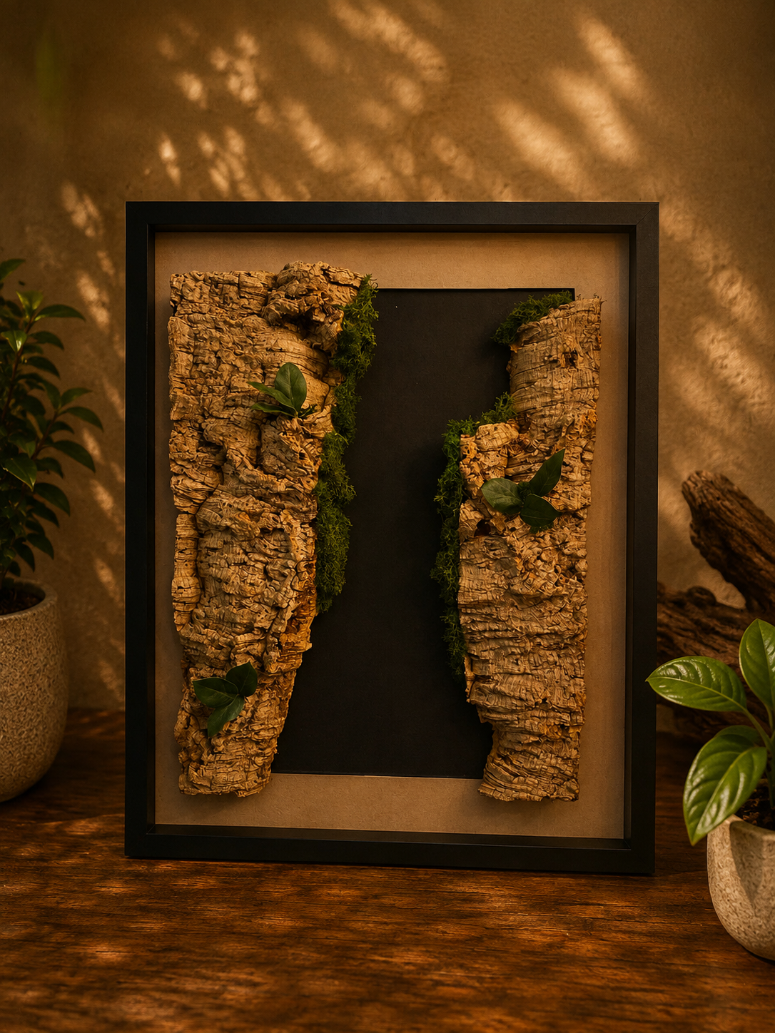 Quadro Corteccia Nera: muschi e composizioni con piante vere, 40 × 50 cm — arredo verde d'interni fatto a mano a Firenze