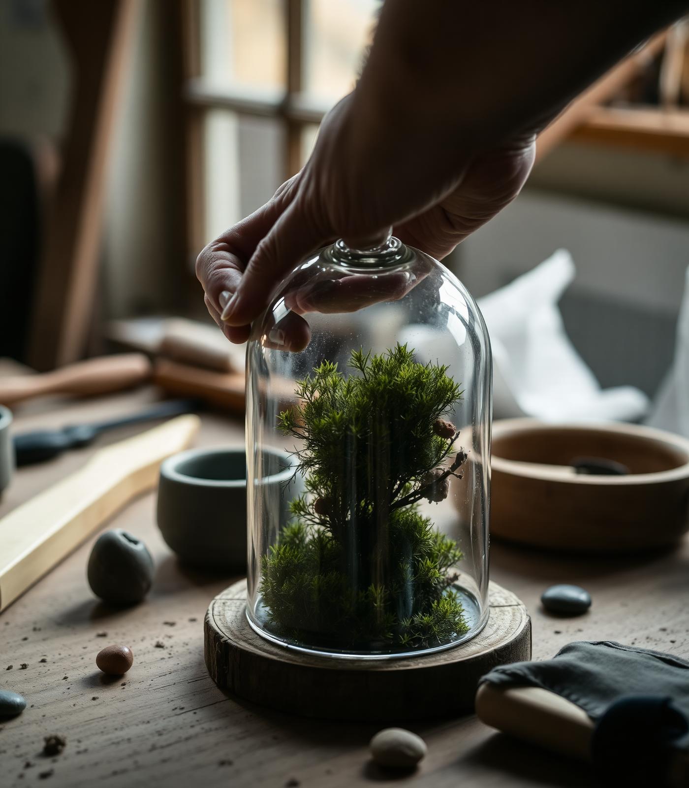 Mani di un artigiano che compongono un terrario